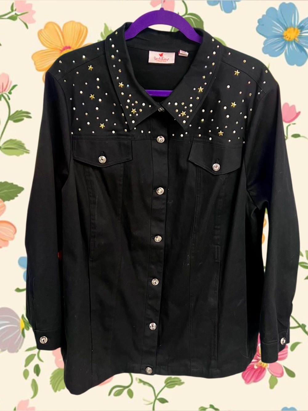 Vtg Quacker Factory black button up bomber jacket with crystals and stars